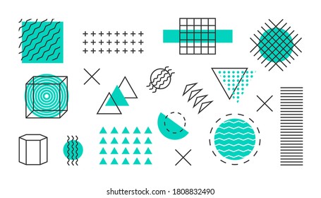 Formas. Resumen de las composiciones geométricas establecidas. Diseño Memphis, elementos retro para web, vintage, publicidad, banner comercial, venta. Ilustración del vector