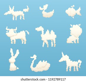 Shapes of animal clouds. Different funny cartoon clouds. Vector animal cloud in sky, fluffy silhouette bunny and unicorn illustration