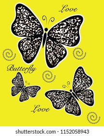 Shapes around the big patterned butterfly on yellow background. Vector illustration.