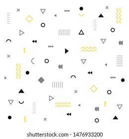 Shapes background. Geometrical elements pattern composition on white background. Triangles, arcs, waves, diamonds, rectangles, squares, lines.  Flat vector illustration
