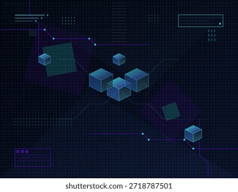 Shapes and blocks appear on a dark digital background. Lines connect the blocks, showing a network. Geometric designs suggest technology in action.