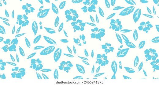 Shapes blue small flowers, tiny leaves, buds scattered randomly in a seamless pattern. Abstract bi color plain silhouettes floral printing. Vector hand drawing. Nature ornament for textile, fabric