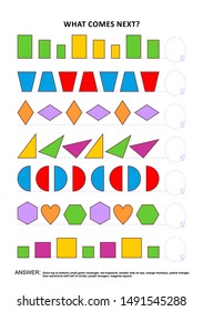 Shapes and colors educational math and logic game. Training sequential pattern recognition skills: What comes next in the sequence? Answer included.