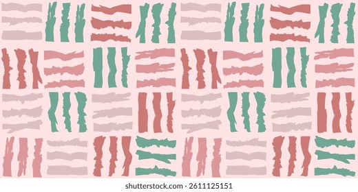 The shapes are composed of vertical and horizontal lines, creating a grid-like structure. The lines are in shades of green, red, and pink, with a slightly textured appearance.