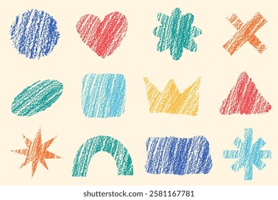 Shapes with crayon texture. Color pencil hand drawn figures. Vector doodle charcoal elements. Geometric abstract chalk scribbles on pastel background. Retro playful collage elements