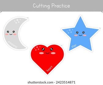 Shapes cutting practice worksheet for kids.Preschool educational game. Fine motor skills activity. Math centers	