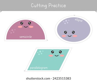 Shapes cutting practice worksheet for kids.Preschool educational game. Fine motor skills activity. Math centers	