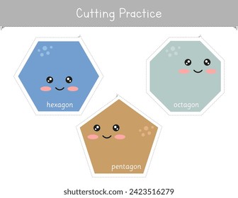 Shapes cutting practice worksheet for kids.Preschool educational game. Fine motor skills activity. Math centers	
