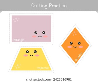 Shapes cutting practice worksheet for kids.Preschool educational game. Fine motor skills activity. Math centers	