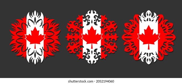Shapes of decorative snowflakes with the flag of Canada. Christmas decoration. Patriotic symbol