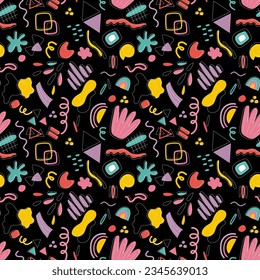 Shapes of different shapes and colors for textile designs and décor elements, abstract bright background. Seamless pattern of abstract shapes of different colors on a black background.