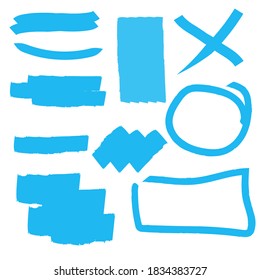 Shapes drawn with blue marker. Stroke figures. Brush lines from paint. Vector illustration.