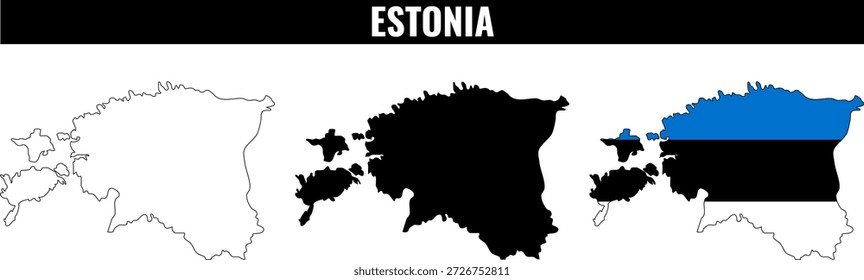 Shapes of Estonia displayed in different styles, showing outlines and colors representing the nation