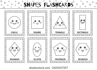 Shapes flashcards black and white collection for kids. Flash cards set with cute geometric characters for coloring in outline. Circle, square, triangle and more. Vector illustration