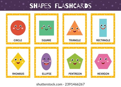 Shapes flashcards collection for kids. Flash cards set with cute geometric characters for practicing reading skills. Circle, square, triangle and more. Vector illustration