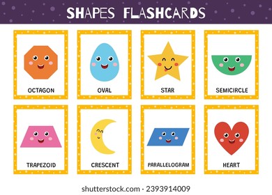 Shapes flashcards collection for kids. Flash cards set with cute geometric characters for school and preschool. Octagon, semicircle, oval and more. Vector illustration