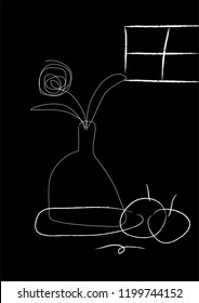 The shapes of food and things such as flower vases, white and orange windows. The composition of the image is small, medium and large. The image looks more complete.