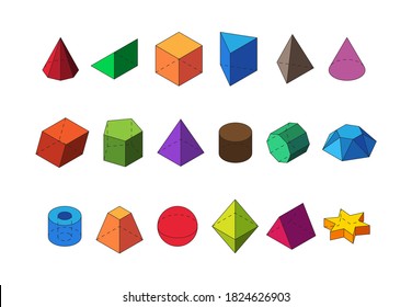 Formas de grandes conjuntos isométricos geométricos. Cilindros de cristales de diamante poliedro estructura estelar octaedro esférico moderno polígonos rojos piramidales cuadrados anaranjados y rectángulos triángulos. Forma de vector.