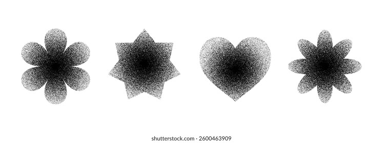 Shapes with gradient grainy textures: a heart, a flower, and two six-pointed stars on a white background.