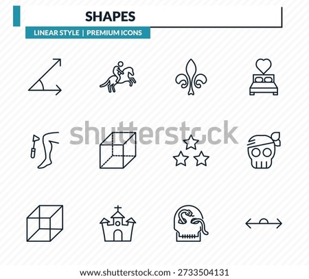 shapes icons set - angle of acute, horseman, fleur de lis, sailor skull, 180 degrees angle outline vector collection.