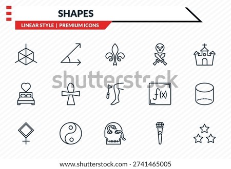 shapes icons set - cube geometrical, angle of acute, wedding night, skull and snake, star with number three outline vector collection.