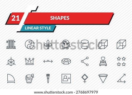 shapes icons set - radiators, yin and yang, fleur de lis, inverted cone, angle of acute outline vector collection.