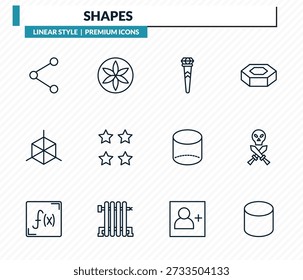 Conjunto de iconos de Formas: medios para compartir, flor de la vida, cetro, cráneo y daga, colección de Vector de contorno volumétrico de cilindro.