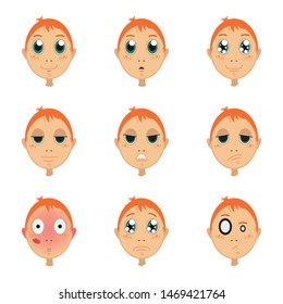 Shapes of illustration faces vector character. Happy, surprised, be filled with joy, angry, tired, ashamed, be filled with joy sadness, researcher vector icons, vector symbols and icon set collection