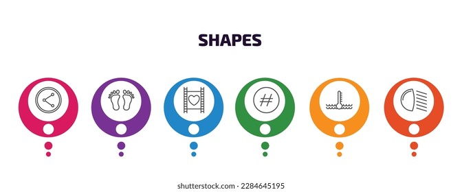 shapes infographic template with icons and 6 step or option. shapes icons such as net contents, human foot prints, film strip with heart, hash key, engine coolant, low beam vector. can be used for