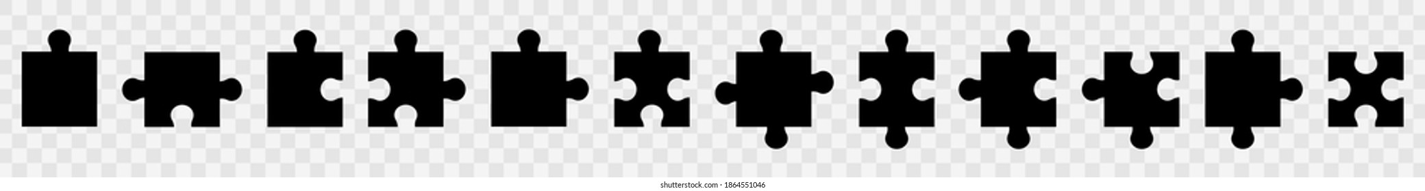 Shapes of jigsaw pieces. Set of puzzle flat vector icon. Black element puzzle pieces. Pictograms isolated on transparent background. Vector illustration.
