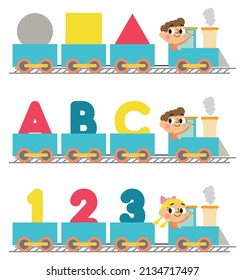 Shapes, letters, numbers vector illustrations for kids