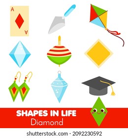 Formas en la vida. Diamante, Rhombus. Tarjetas de aprendizaje para los niños. Infografía educativa para niños y niños pequeños. Estudiar formas geométricas. Ayuda visual