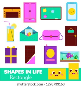 Shapes in life. Rectangle. Learning cards for kids. Educational infographic for children and toddlers. Study geometric shapes. Visual aid