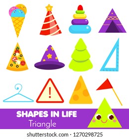 Shapes in life. triangle. Learning cards for kids. Educational infographic for children and toddlers. Study geometric shapes. Visual aid