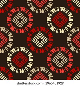 Shapes made of curved stripes. Mosaic with geometric shapes. Seamless pattern. Design with manual hatching. Textile. Ethnic boho ornament. Vector illustration for web design or print.
