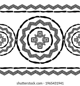 Shapes made of curved stripes. Mosaic with geometric shapes. Seamless pattern. Design with manual hatching. Textile. Ethnic boho ornament. Vector illustration for web design or print.