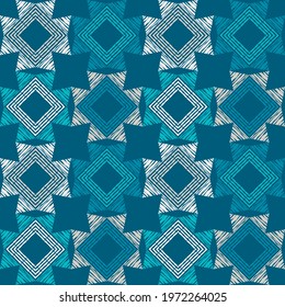 Shapes made of curved stripes. Mosaic with geometric shapes. Seamless pattern. Design with manual hatching. Textile. Ethnic boho ornament. Vector illustration for web design or print.