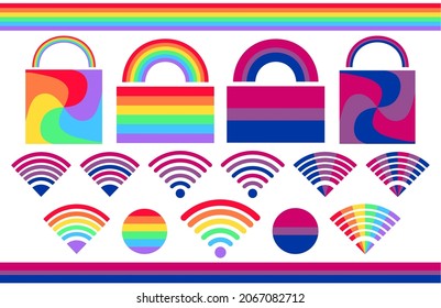 Shapes made with LGBTQ, pansexual, omnisexual symbol colors.Rainbows, flags, circles and Wi-Fi symbols. background-landscape.Transparent background of the vector.