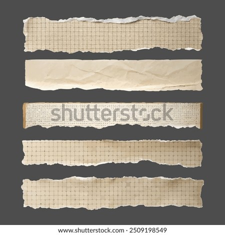 The shapes are made of light beige paper with uneven edges. Torn paper, scraps of pages from a notebook. A set of pieces of paper. Torn fragments for labels, banners, collages, text fields, stickers