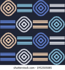 Shapes made of stripes. Mosaic with geometric shapes. Seamless pattern. Design with manual hatching. Textile. Ethnic boho ornament. Vector illustration for web design or print.