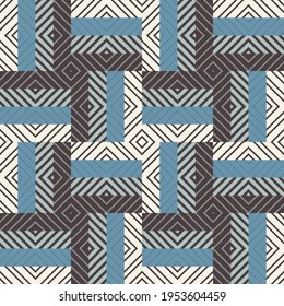 Shapes made of stripes. Mosaic with geometric shapes. Seamless pattern. Design with manual hatching. Textile. Ethnic boho ornament. Vector illustration for web design or print.