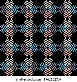 Shapes made of stripes. Mosaic with geometric shapes. Seamless pattern. Design with manual hatching. Textile. Ethnic boho ornament. Vector illustration for web design or print.