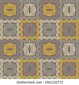 Shapes made of stripes. Mosaic with geometric shapes. Seamless pattern. Design with manual hatching. Textile. Ethnic boho ornament. Vector illustration for web design or print.