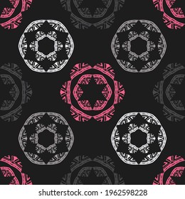 Shapes made of stripes. Mosaic with geometric shapes. Seamless pattern. Design with manual hatching. Textile. Ethnic boho ornament. Vector illustration for web design or print.