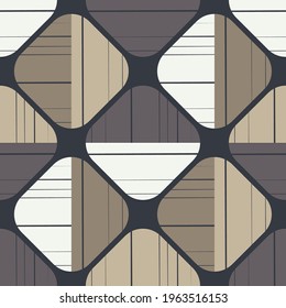 Shapes made of stripes. Mosaic with geometric shapes. Seamless pattern. Design with manual hatching. Textile. Ethnic boho ornament. Vector illustration for web design or print.