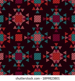 Shapes made of stripes. Seamless pattern. Design with manual hatching. Textile. Ethnic boho ornament. Vector illustration for web design or print.