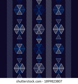 Shapes made of stripes. Seamless pattern. Design with manual hatching. Textile. Ethnic boho ornament. Vector illustration for web design or print.