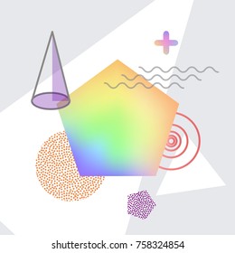 Shapes making up abstraction, triangle and circles, curved lines, big geometric form filled with gradient colors, vector illustration futuristic background