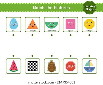 Shapes matching game for kids. Find the correct objects puzzle. Learning shapes activity page for preschool. Vector illustration