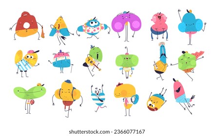 Shapes monster mascots. Abstract monsters cartoon characters, geometric figure trendy mascot cute kid toys creature funny posture doodle personagens classy vector illustration of monster character